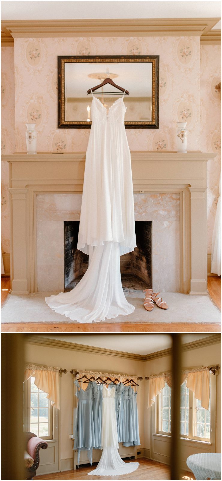 Elegant Wedding Dress Hanging Above Fireplace