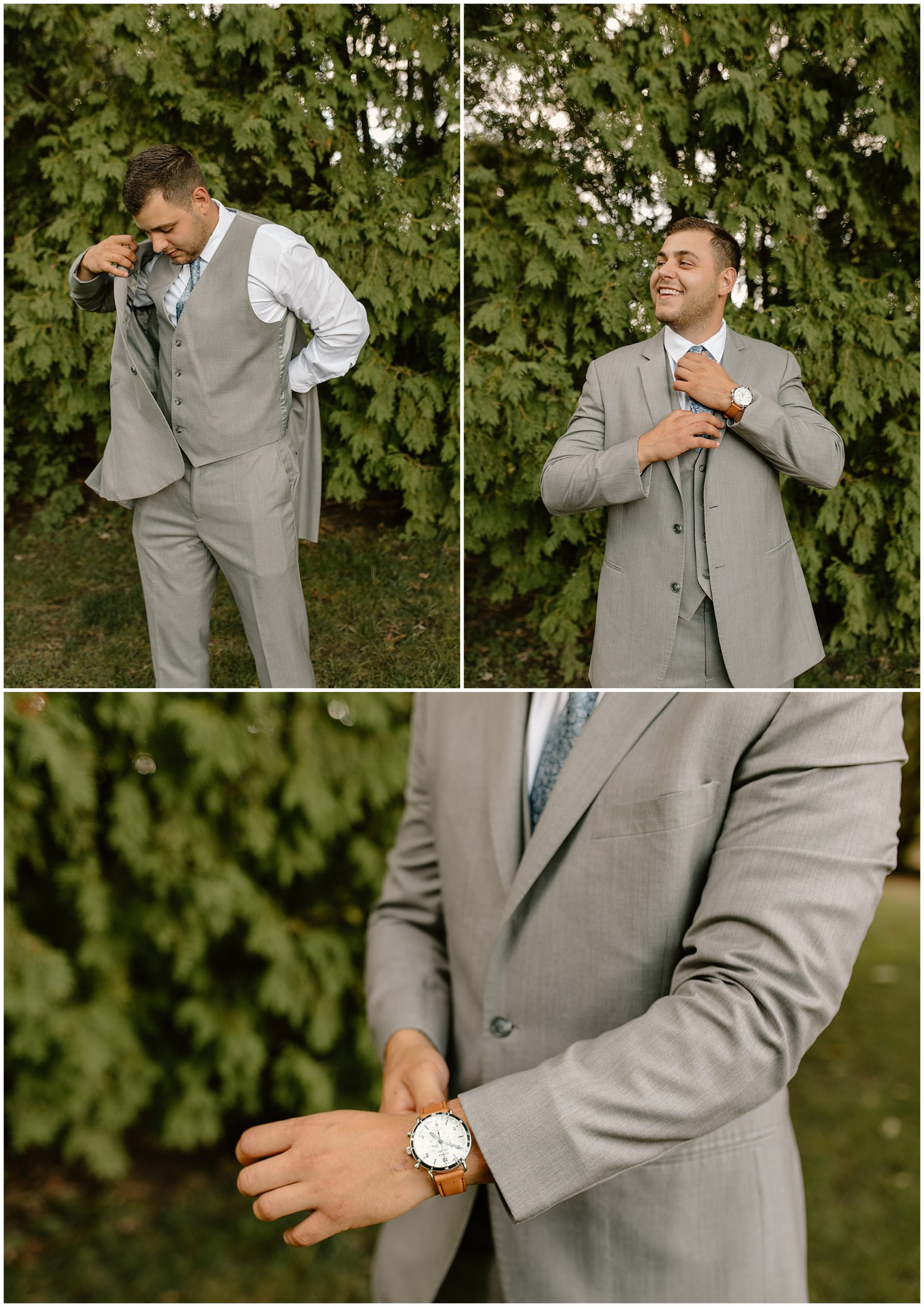 groom putting on suit